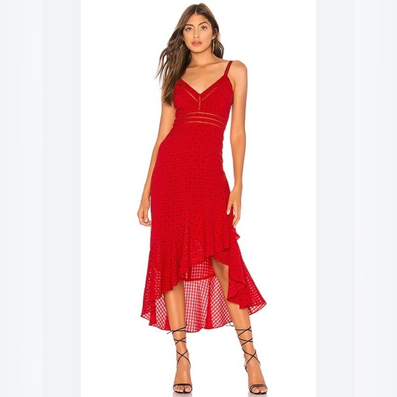 Tularosa Dresses & Skirts - Tularosa Maya Dress Lipstick Red Polka Dot Midi – Size Small (Sold Out)